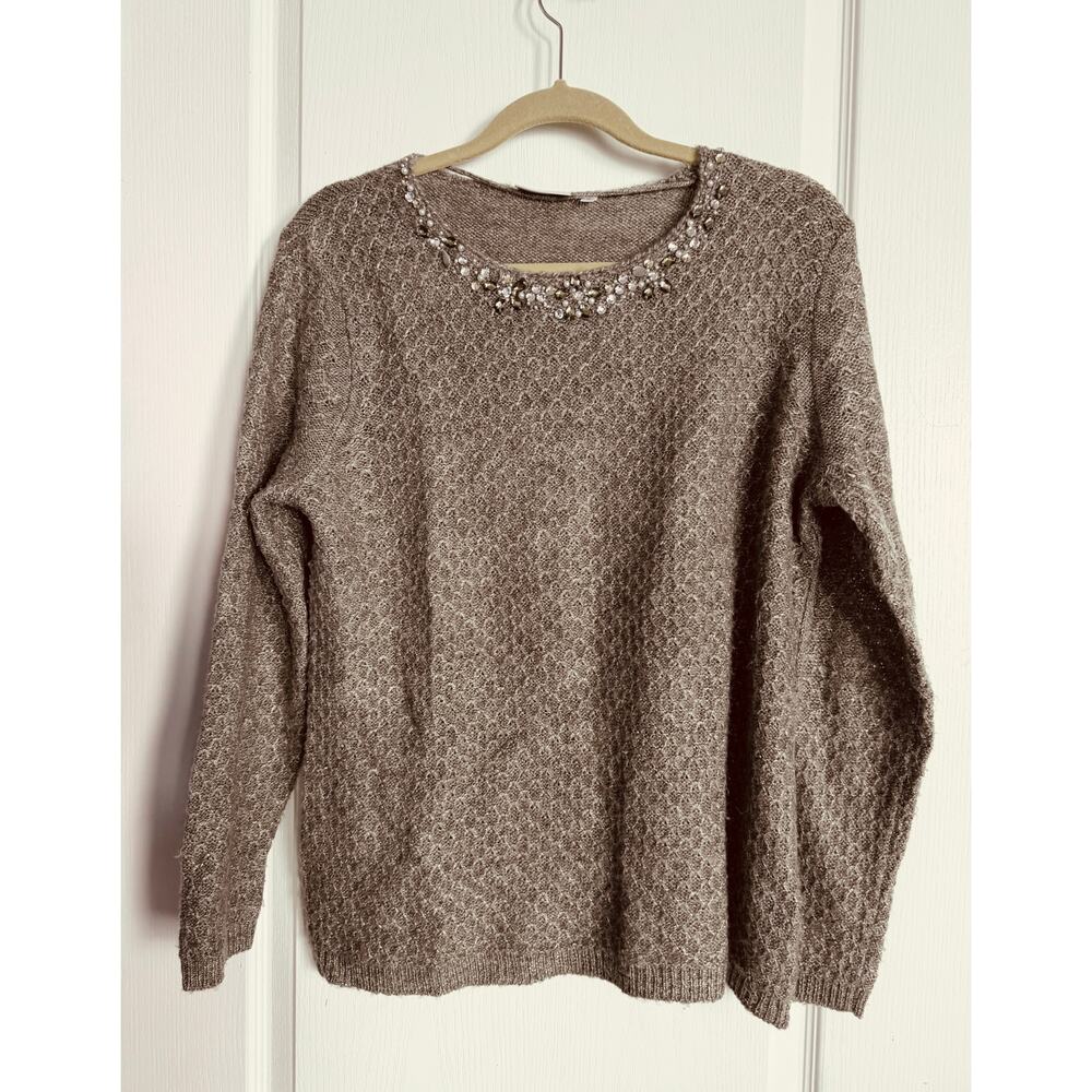 Canda C&A Jeweled Neckline Sweater Taupe Knit Pearl Crystal Embellished Women M